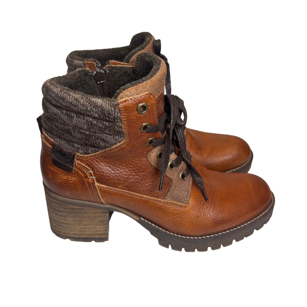 Bullboxer Cassie Boots Womens 9M Brown Leather Knit Collar Lace Up Block‎ Heel